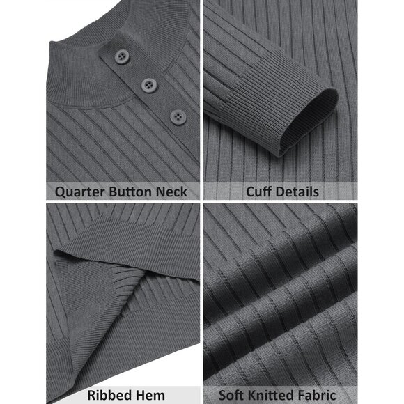 Men's Quarter Button Sweater Long Sleeve Stand Collar Sweater Knitted Dark Grey - Picture 5 of 5